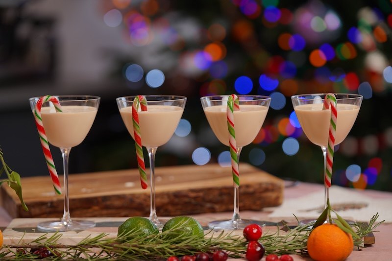 A row of festive cocktails